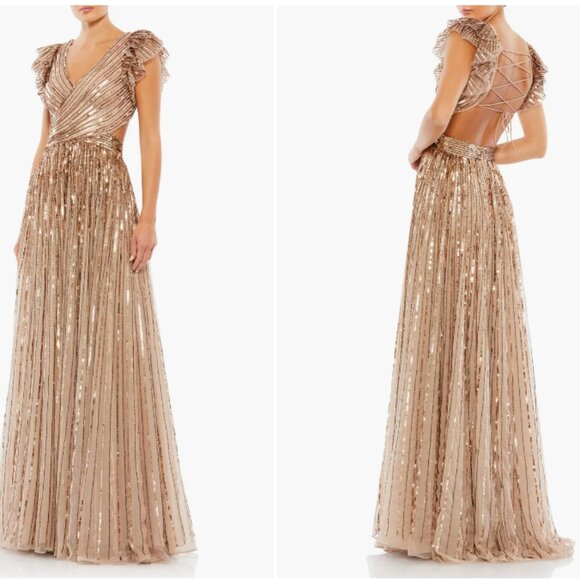 MAC DUGGAL 5568 SEQINED CUTOUT RUFFLED CAP SLEEVE LACE UP COPPER GOWN sz 6 - Picture 4 of 4
